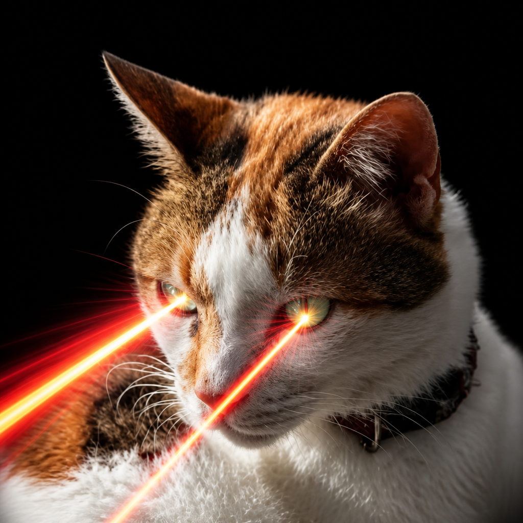 Patchwork cat with laser eyes