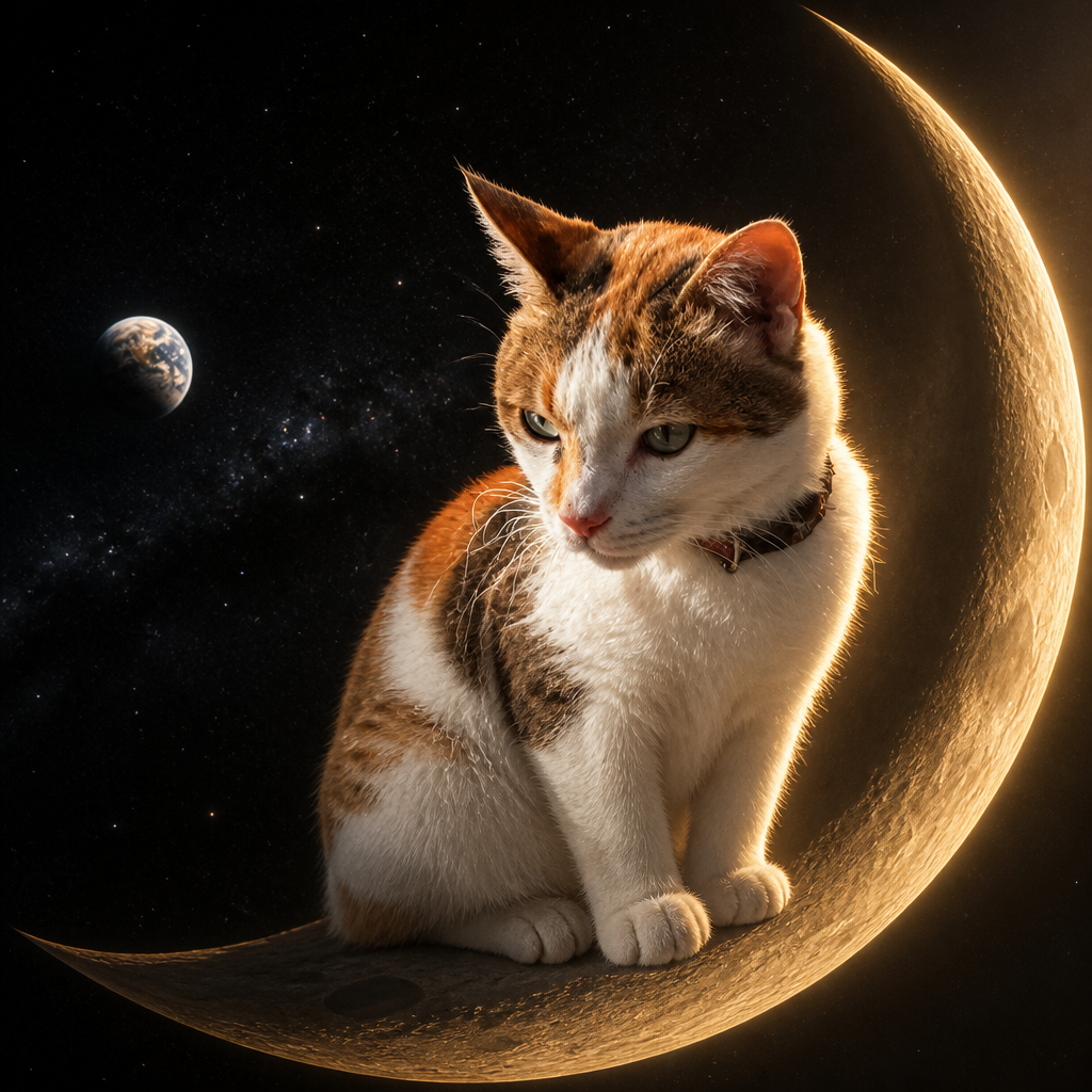 Patchwork cat on the moon