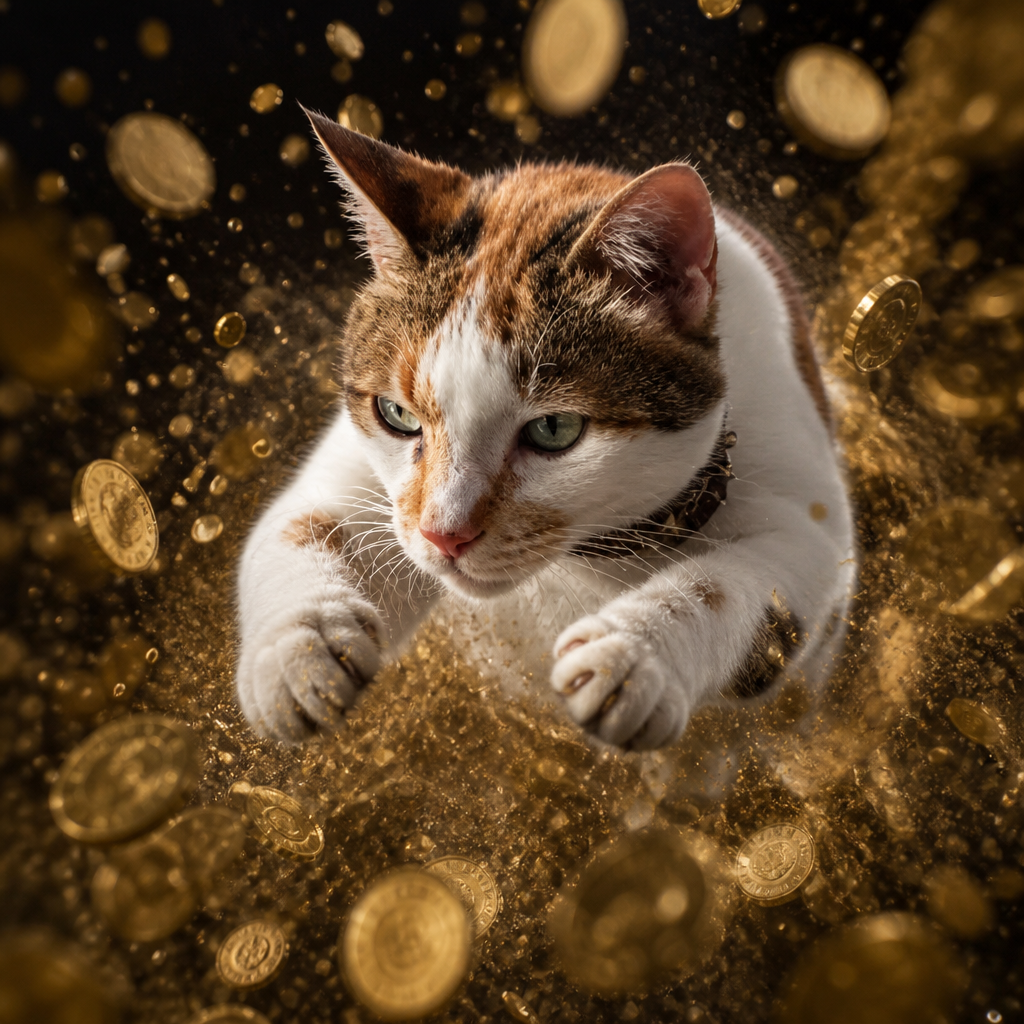 Patchwork cat pouncing through gold coins