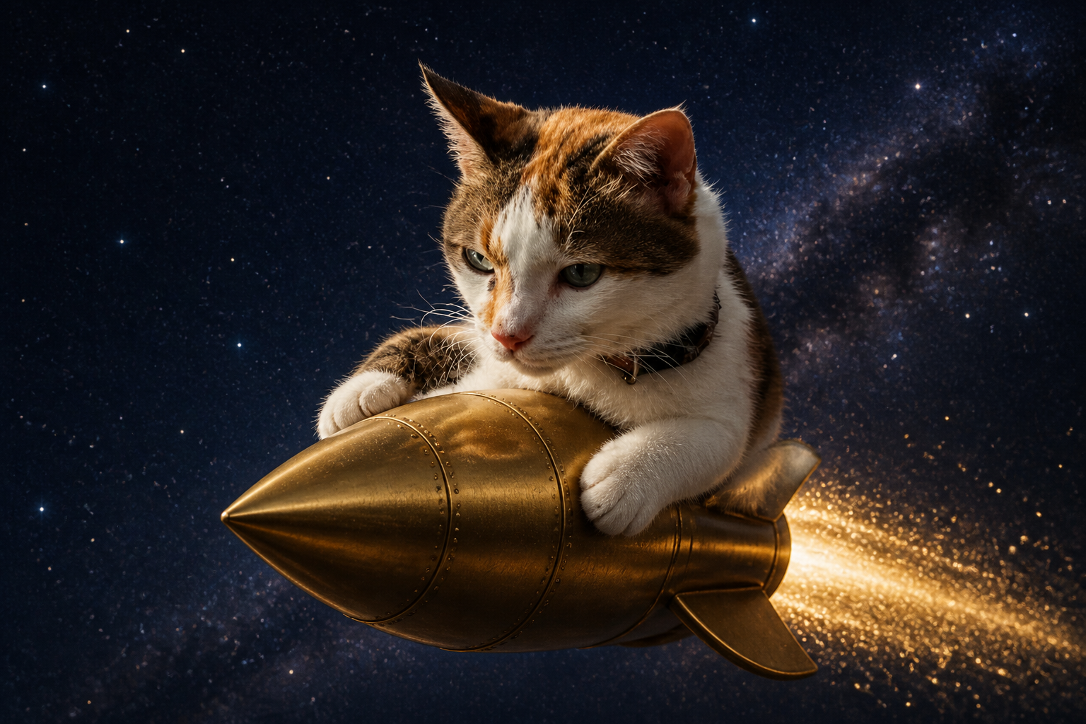 Patchwork cat riding a gold rocket