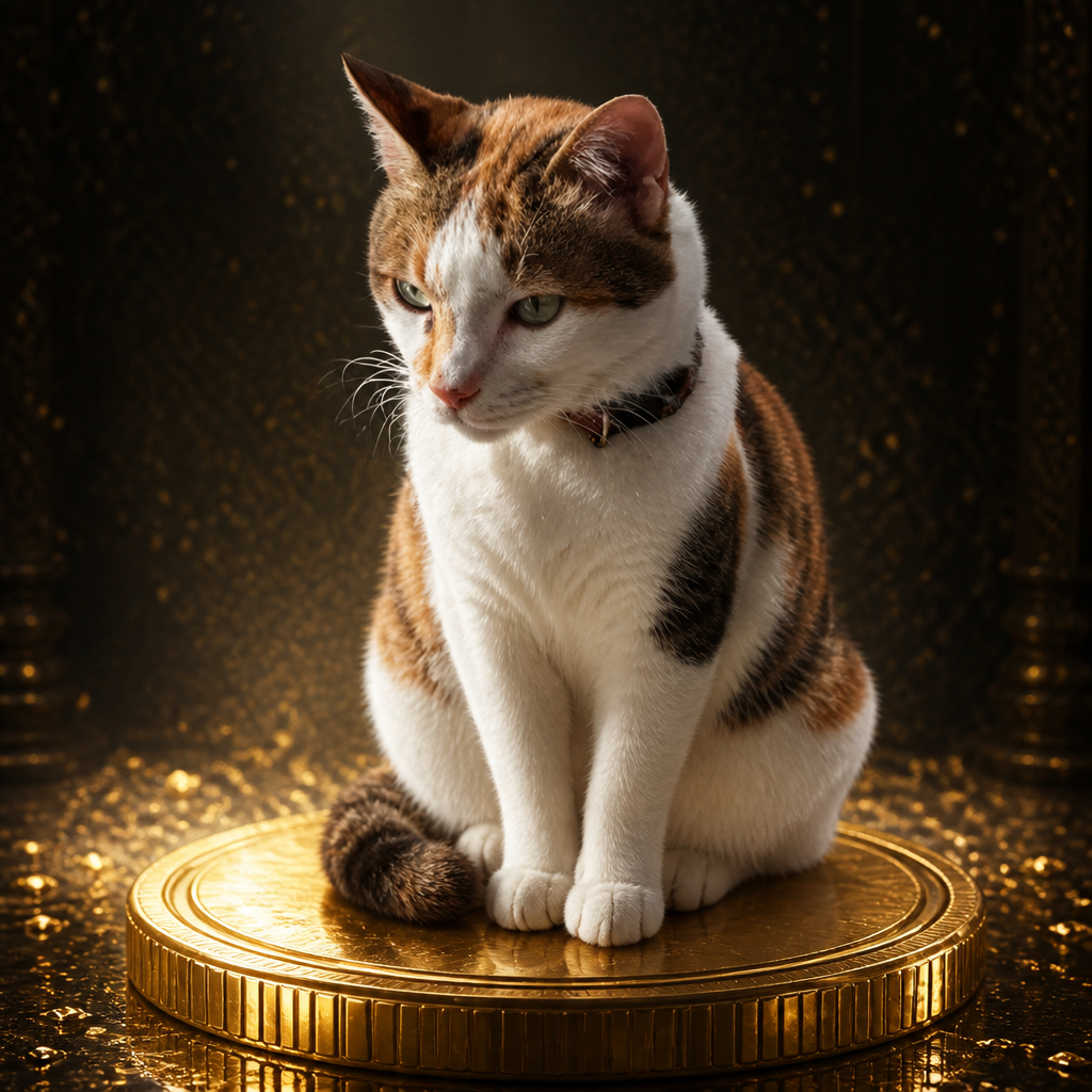 Patchwork cat on a gold coin throne